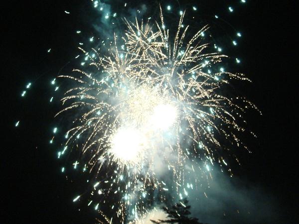 夜空に金色の花火が上がって光っている写真
